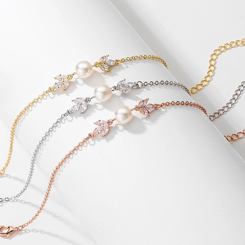 Bracciale Elegante Con Perla Artificial E Foglia Rame Zirconia Cubica Foglia Marquise Catena Estensione Regolabile Gioielli Donna