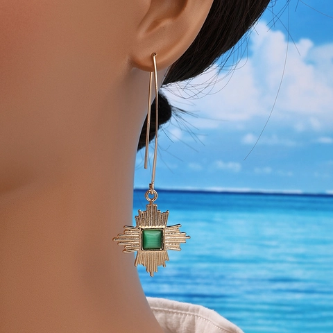 Vintage Geometric Sunburst Drop Earrings Alloy Square Green Faux Malachite Stone Retro French Hook For Women