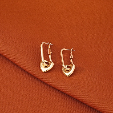 Pendientes Colgantes De Corazón Aleación De Zinc Aro Rectangular Geométrico Color Oro Pulido Joyería De Moda Mujer