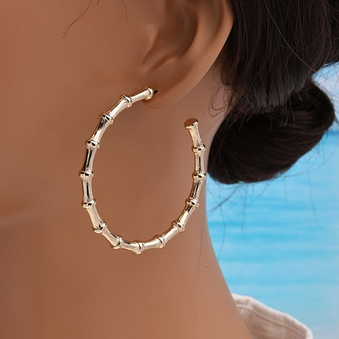 Bamboo Joint Hoop Earrings Gold Tone Alloy Large C Shaped Trendy Statement Jewelry For Women