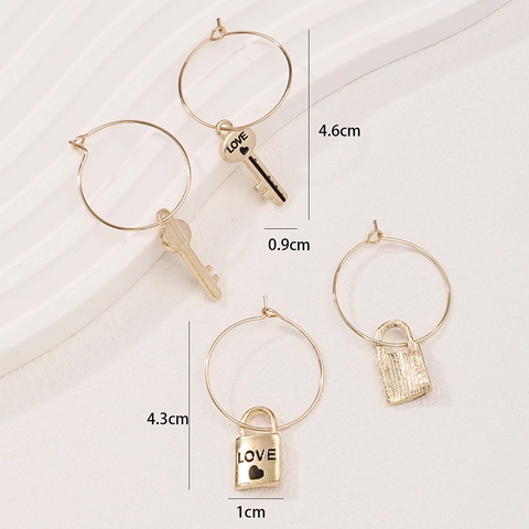 Gold Alloy Hoop Earrings Featuring Lock And Key Pendants With LOVE Heart Detail Fashion Jewelry For Women
