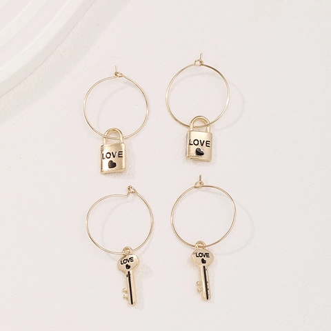 Gold Alloy Hoop Earrings Featuring Lock And Key Pendants With LOVE Heart Detail Fashion Jewelry For Women