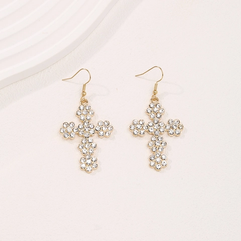 Cross Dangle Earrings Alloy Gold Plated Flower Rhinestone Sparkly Fish Hook Drop Fashion Jewelry For Women