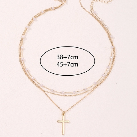 Collana A Strati Da Donna In Lega Di Zinco Dorata Con Perla Artificiale E Ciondolo A Croce Gioielli Eleganti