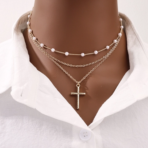 Collana A Strati Da Donna In Lega Di Zinco Dorata Con Perla Artificiale E Ciondolo A Croce Gioielli Eleganti