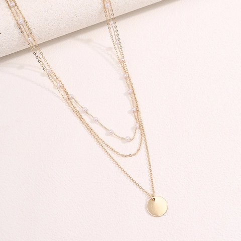 Collar De Capas De Aleación Con Perla Artificial De Imitación Y Colgante Geométrico Redondo Joyería De Moda Para Mujer