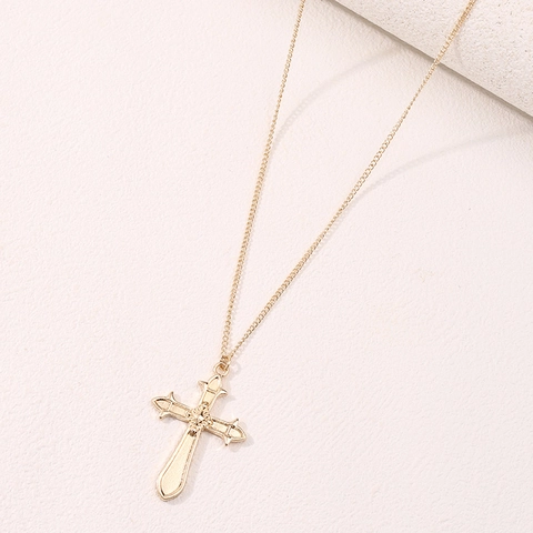 Vintage Goldene Legierung Kreuz Anhänger Halskette Gothik Floral Relief Minimalistisch Schmuck Geschenk Für Damen