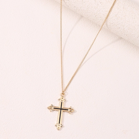 Collana Con Pendente A Croce Lega Di Zinco Smalto Nero Vintage Retro Tonalità Oro Gioielli Religiosi Donna