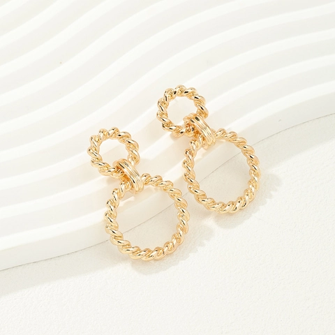 Double Circle Interlocking Drop Earrings Gold Plated Zinc Alloy Twisted Rope Textured Geometric Retro Elegant For Women
