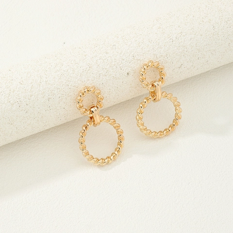 Double Circle Interlocking Drop Earrings Gold Plated Zinc Alloy Twisted Rope Textured Geometric Retro Elegant For Women