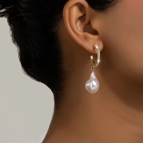 Orecchini A Cerchio Con Künstliche Perle Barocche Oro Lega Strass Incrostato Forma C Irregolare Vintage Elegante Gioielli Donna