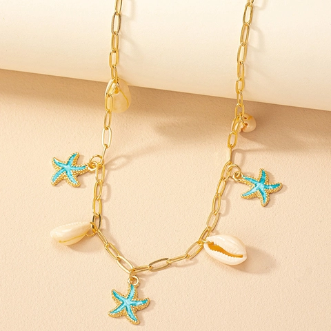 Starfish Cowrie Shell Enamel Pendant Necklace Gold Plated Chain Ocean Beach Summer Vacation Fashion Accessory Women