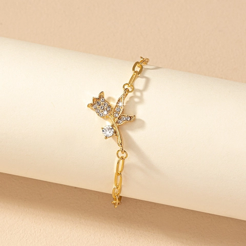 Elegante Pulsera De Flor De Rosa De Aleación De Diamantes De Imitación Joyería De Moda De Lujo Ajustable Para Mujer