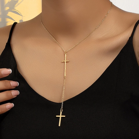 Collar En Y De Doble Cruz Aleación Dorado Chic Borla Larga Lariat Cadena De Clavícula Ajustable Joyería Regalo Para Mujer