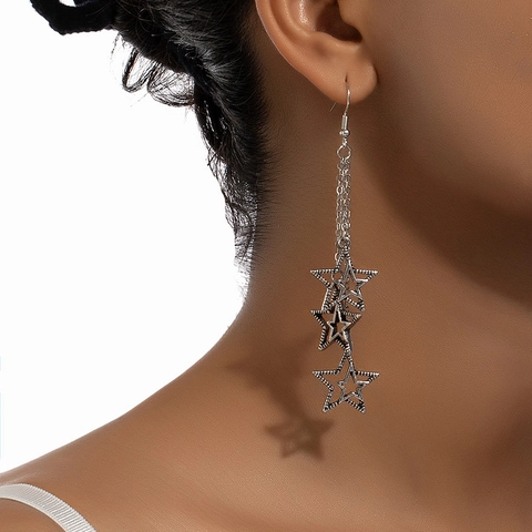 Vintage Legering Ster Lange Kwast Hangende Oorbellen Vrouwen Retro Holle Ster Multi Ketting Haak Sieraden
