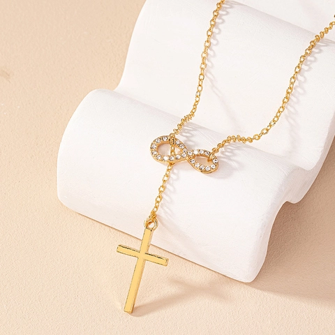 Legierung Rhinestone Unendlichkeitssymbol Und Kreuz Anhänger Halskette Y-Form Vergoldet Schlüsselbein Kette Für Frauen