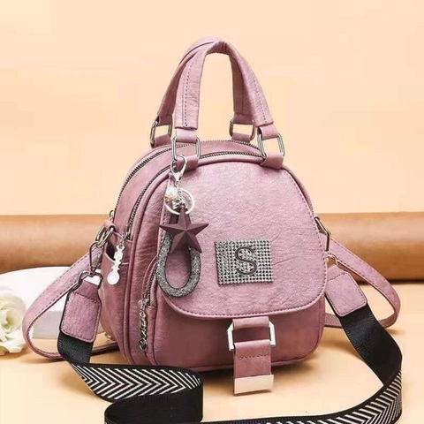 Women Vintage Faux Leather Backpack Rhinestone Letter S Decor Multi-Functional Handbag Wide Strap Star Charm Fashion Casual