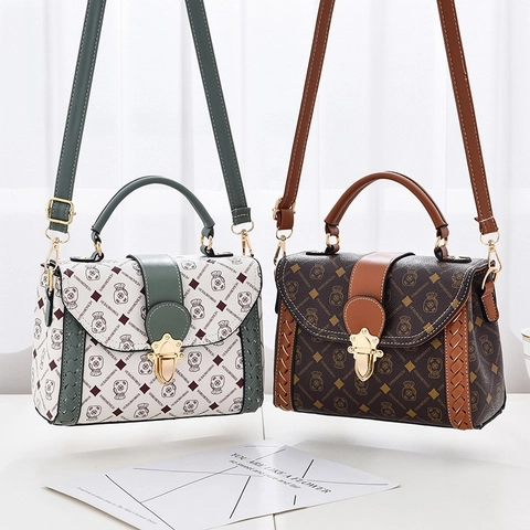 Women Retro Monogram Crossbody Bag PU Leather Bear Print Handbag With Woven Edge Detail Metal Lock Small Square Shoulder Bag