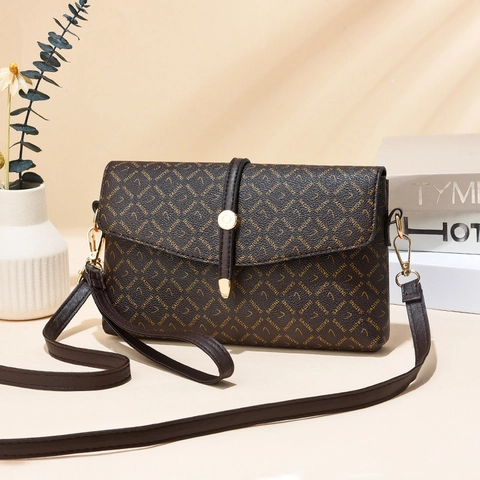Women Vintage Monogram Print Crossbody Bag PU Leather Flap Shoulder Bag With Adjustable Strap Large Capacity Square