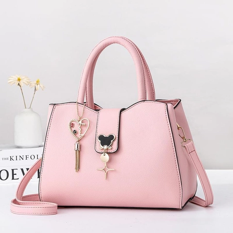 Mode Damen Handtasche PU Leder Lychee Muster Große Kapazität Schulter Umhängetasche Bär Schnalle Herz Quaste Anhänger