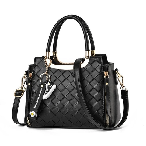 Women Woven Texture Handbag PU Leather Shoulder Crossbody Bag With Metal Handle And Floral Charm
