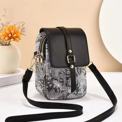 Borsa Tracolla Per Cellulare Jacquard Floreale Vintage Da Donna Pelle PU Doppia Cerniera Multi Scomparto Regolabile Retro