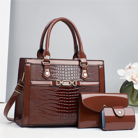 Women Handbag Shoulder Tote Envelope Clutch And Card Purse Crocodile Embossed PU Leather Glossy Elegant Fashion Office