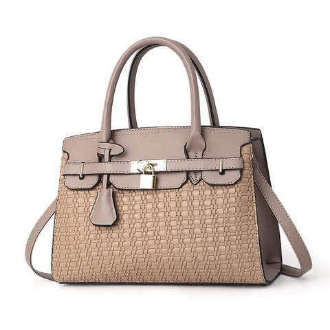 Women Handbag PU Leather Woven Texture Metal Lock Shoulder Crossbody Bag Retro Elegant Solid Color Spacious Tote