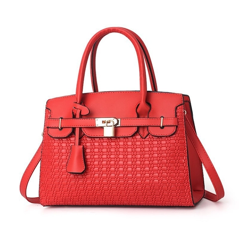 Women Handbag PU Leather Woven Texture Metal Lock Shoulder Crossbody Bag Retro Elegant Solid Color Spacious Tote