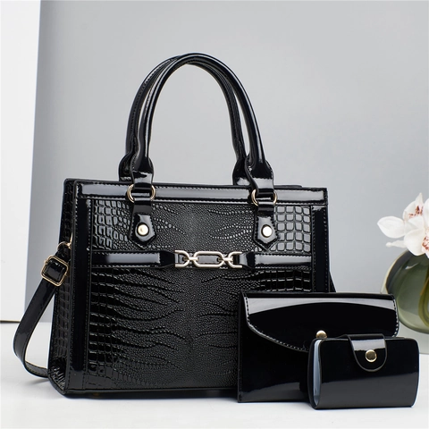 Women Glossy PU Leather Crocodile Pattern Handbag And Clutch And Card Holder Elegant Commute Tote