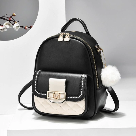 Fashion Backpack PU Leather Rhombic Quilted Contrast Color With Pom-pom Charm Trendy Casual Travel Daypack For Women Girls