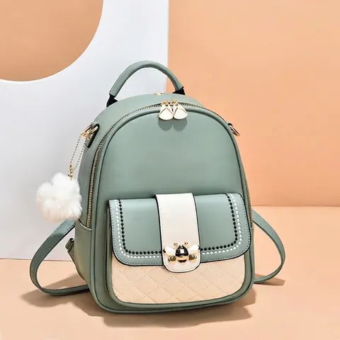 Women Fashion Backpack PU Leather Contrast Color Quilted Diamond Bee Clasp Fur Ball Charm Casual Daypack