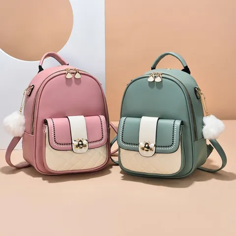 Women Fashion Backpack PU Leather Contrast Color Quilted Diamond Bee Clasp Fur Ball Charm Casual Daypack