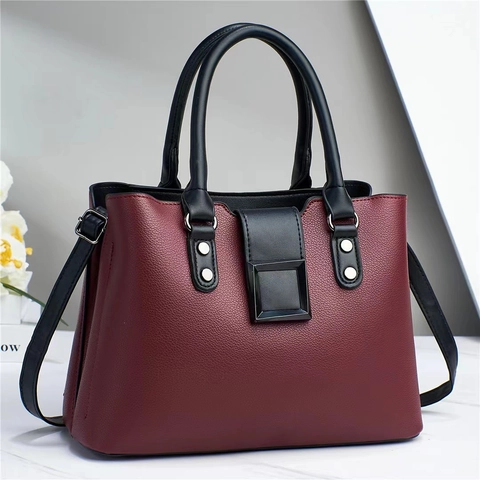 Contrast Color Lychee Texture PU Leather Handbag Women Large Capacity Shoulder Crossbody Bag Fashion Simple Versatile