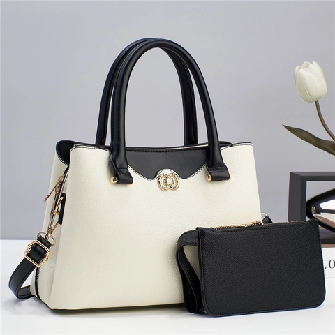 Borsa A Mano E Pochette Donna Pelle PU Motivo Litchi Colore Contrasto Borsa Con Manico Grande Capacità Borsa A Tracolla Oro