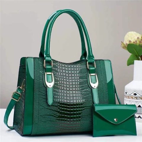 Crocodile Pattern PU Leather Handbag And Envelope Wallet Elegant Glossy Large Capacity Shoulder Tote For Women