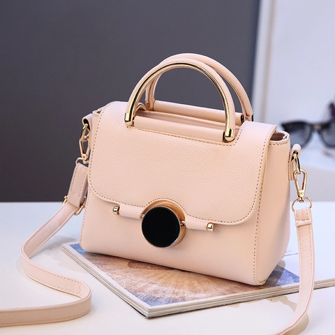 Women Shoulder Handbag PU Leather Lychee Pattern Metal Handle Round Lock Solid Color Small Square Bag