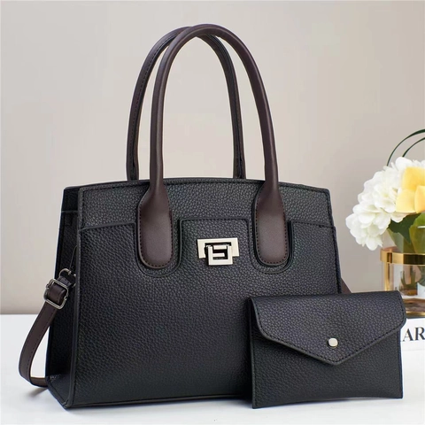 Lychee Pattern PU Leather Tote Handbag And Envelope Pouch With Metal Twist Lock Contrasting Color Chic Daily Commute