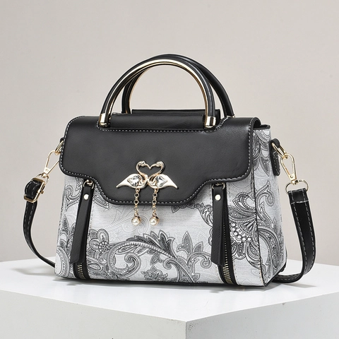 Vintage Paisley Print Handbag PU Leather Top Handle Crossbody Bag With Swan Buckle Artificial Pearl Tassel Contrast Stitching