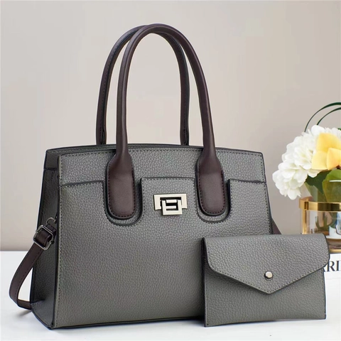 Lychee Pattern PU Leather Tote Handbag And Envelope Pouch With Metal Twist Lock Contrasting Color Chic Daily Commute