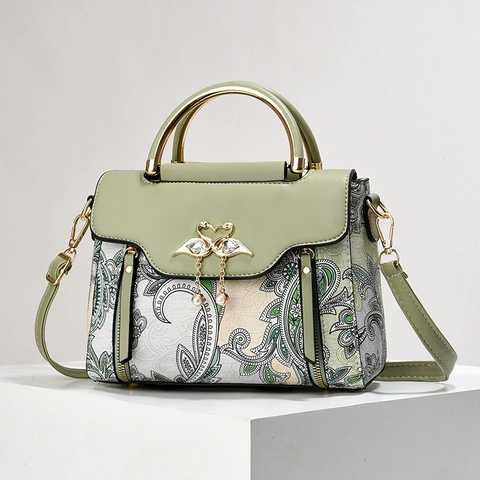 Vintage Paisley Print Handbag PU Leather Top Handle Crossbody Bag With Swan Buckle Artificial Pearl Tassel Contrast Stitching