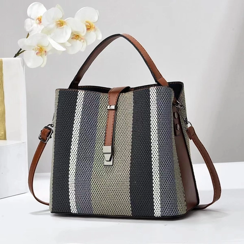 Borsa A Secchiello A Righe Donna Tela Pelle PU Cucita Colore A Contrasto Grande Capacità Borsa A Spalla Fibbia Metallo