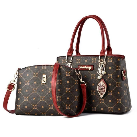 Borsa Tote Grande Capacità Donna Vintage Monogramma Geometrico in Pelle PU Borsa a Tracolla Set