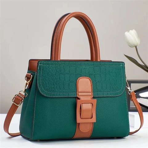 Women Shoulder Bag Contrast Color PU Leather Crocodile Pattern Square Buckle Top Handle Elegant Fashion Crossbody Handbag