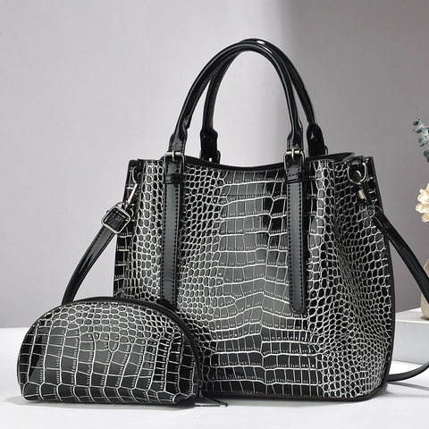 Crocodile Pattern PU Leather Tote And Pouch Elegant High Gloss Women Shoulder Crossbody Handbag