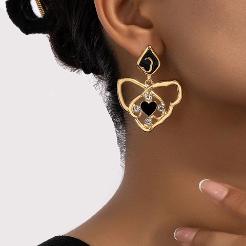 Vintage Heart Drop Earrings Alloy Enamel White Rhinestone Fashion Jewelry For Women