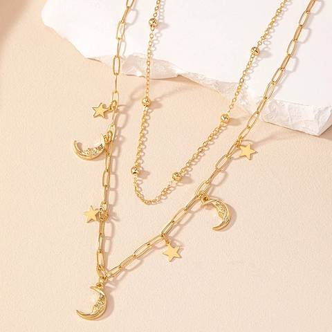 Collier Superposé Avec Pendentif Étoile Et Lune Alliage Or Chaîne Trombone Perle Clavicule Réglable Pour Femmes