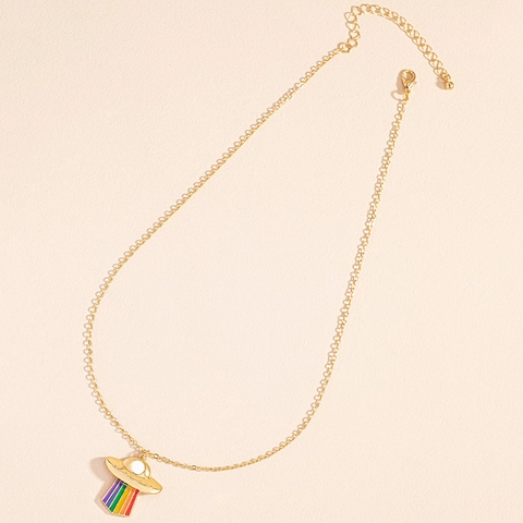 Legierung UFO Anhänger Halskette Mit Regenbogen Emaille Strahl Tropf Öl Raumschiff Schlüsselbein Kette Für Damen