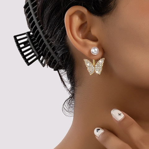 Elegant Butterfly Artificial Pearl Earrings Gold Tone Alloy Rhinestone Dangle Drop Jewelry For Women Vintage Style