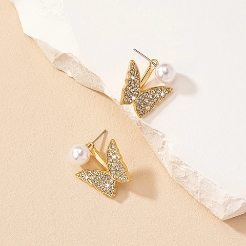 Elegant Butterfly Artificial Pearl Earrings Gold Tone Alloy Rhinestone Dangle Drop Jewelry For Women Vintage Style